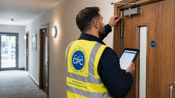 Property professional inspecting a fire door and checking building safety compliance using a tablet.